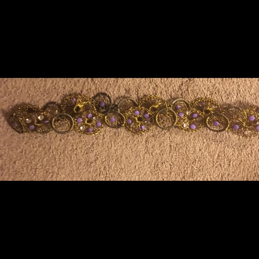 Brass wire woven belt with purple beads